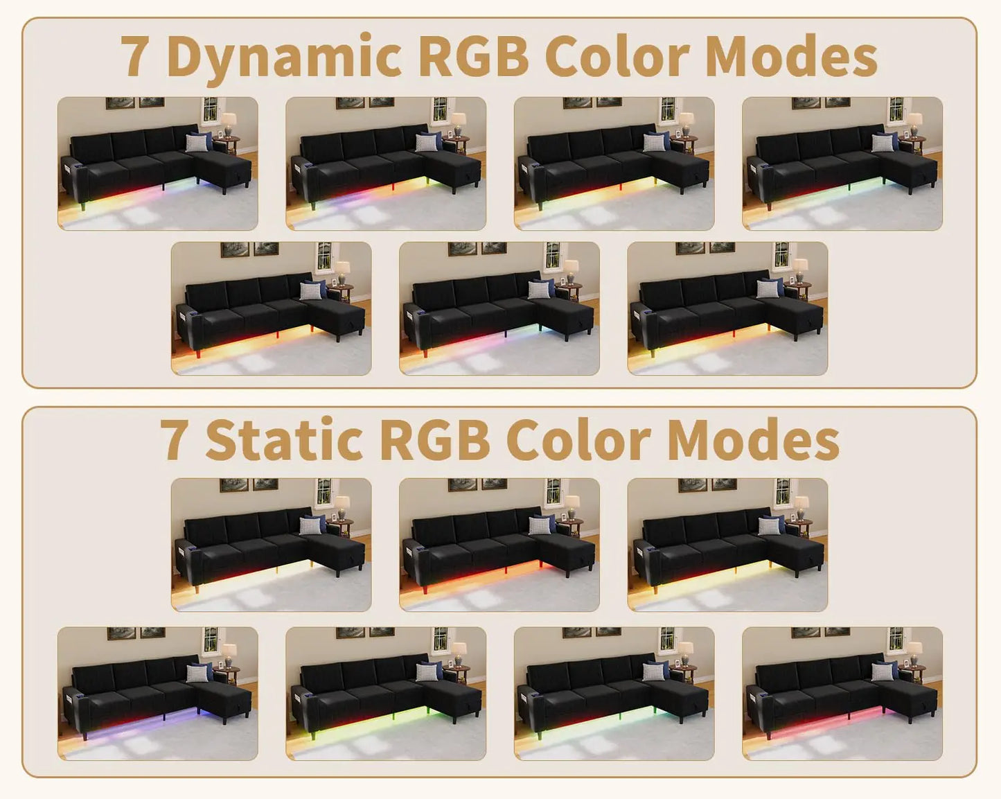 Smart Sectional Couches For Living Room, 6 Seat U/L Shaped Sectional Sofa With RGB Light/Charging, Modern Living, Customized