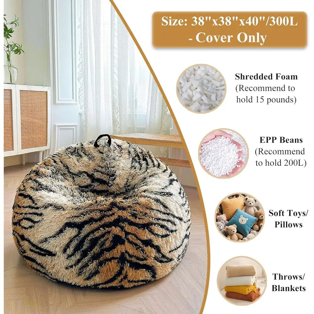 Tiger Print Bean Bag Chair Cover - Animal Themed Storage Shell, Suitable for Adults, Teens, and Kids, Anti-Slip, Brown Tiger Des