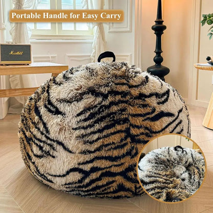 Tiger Print Bean Bag Chair Cover - Animal Themed Storage Shell, Suitable for Adults, Teens, and Kids, Anti-Slip, Brown Tiger Des