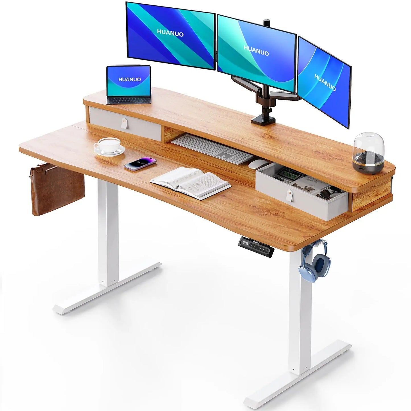HUANUO Electric Standing Desk with 2 Drawers,C-Clamp Mount Compatible,Height Adjustable Computer Desk, Home Office Stand Up Desk