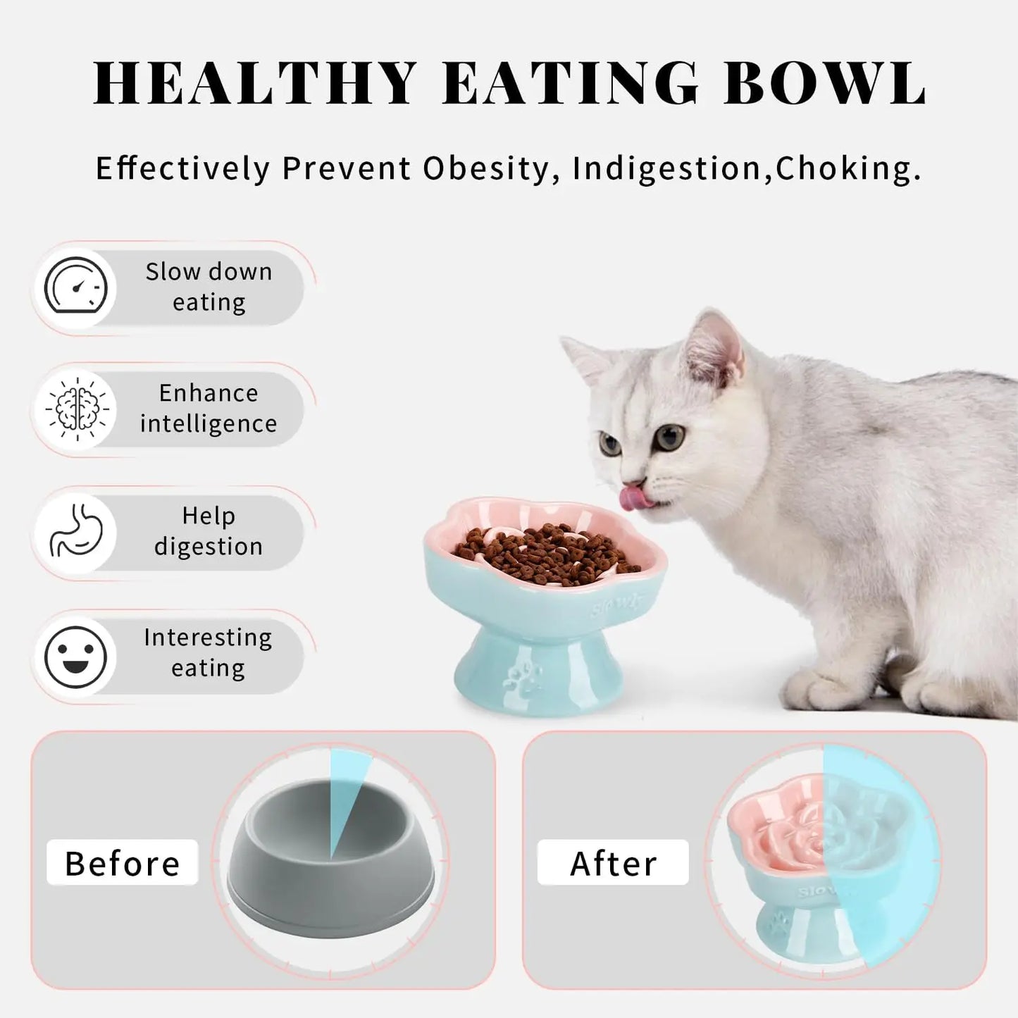 Ceramic Raised Slow Feeder Cat Bowl, Flower Shaped Elevated Dish for Cats Small Dogs, Pink 5.8"