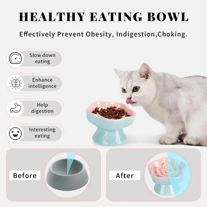 Ceramic Raised Slow Feeder Cat Bowl, Flower Shaped Elevated Dish for Cats Small Dogs, Pink 5.8"