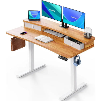 HUANUO Electric Standing Desk with 2 Drawers,C-Clamp Mount Compatible,Height Adjustable Computer Desk, Home Office Stand Up Desk