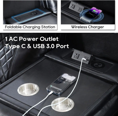 Power Reclining Sofa 0 Gravity w/ Wireless Charger,LED Floor Lights,Reading Light, Drop-down Table USB/Type-C Port(070)