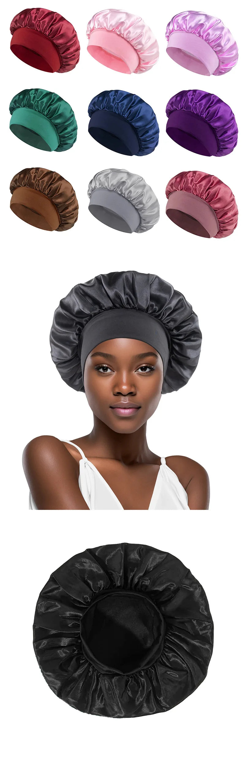 Satin Bonnet Hair Bonnet for Sleeping Hair Care Silk Bonnets Solid Wide-brimmed Sleeping Hat with Elastic Soft Band