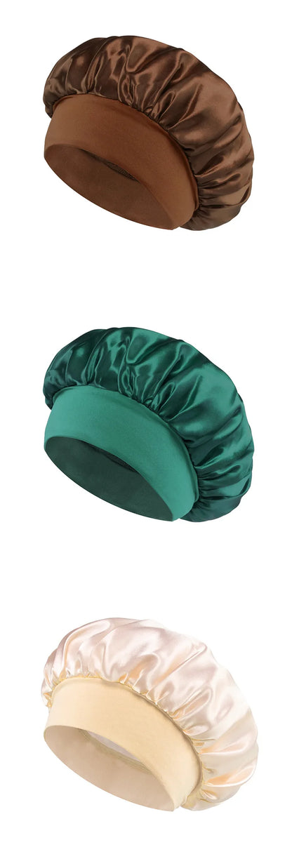 Satin Bonnet Hair Bonnet for Sleeping Hair Care Silk Bonnets Solid Wide-brimmed Sleeping Hat with Elastic Soft Band