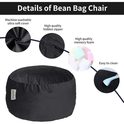 Medium Black Velvet Bean Bag Chair - Ideal for Living Room, Bedroom, and Gaming Room