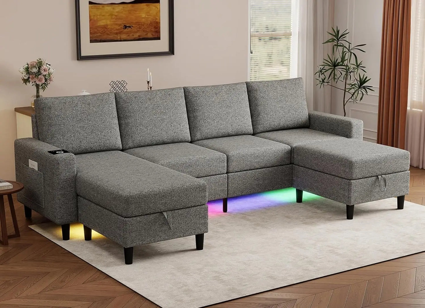Smart Sectional Couches For Living Room, 6 Seat U/L Shaped Sectional Sofa With RGB Light/Charging, Modern Living, Customized