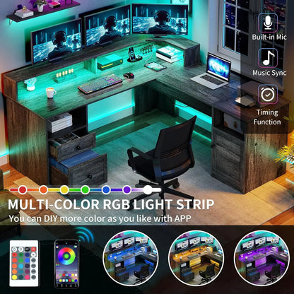 L Shaped Desk with Power Outlets & LED Lights, 60" Corner Computer Desk with Drawers & Lift Top, Home Office Desk, Customized